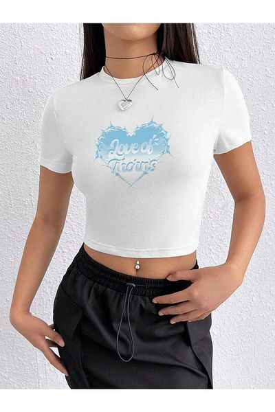 Jose Clothing Top crop cu mânecă scurtă cu imprimeu alb pentru femei