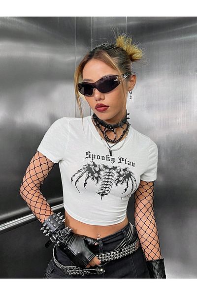 Jose Clothing Λευκό εμπριμέ γυναικείο Crop Top - Κοντό μανίκι που εφαρμόζει στο σώμα