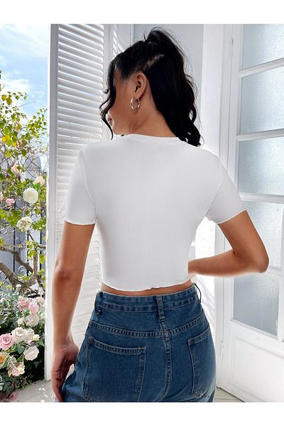 Jose Clothing Top crop cu mânecă scurtă cu imprimeu alb pentru femei
