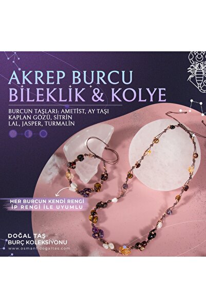 OSMANLI DOĞAL TAŞ Akrep Burcu Doğal Taş Natürel Makrome Kolye Bileklik Seti