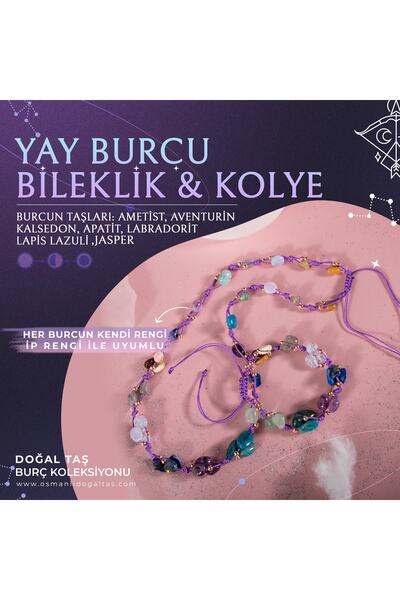 OSMANLI DOĞAL TAŞ Yay Burcu Doğal Taş Natürel Makrome Kolye Bileklik Seti