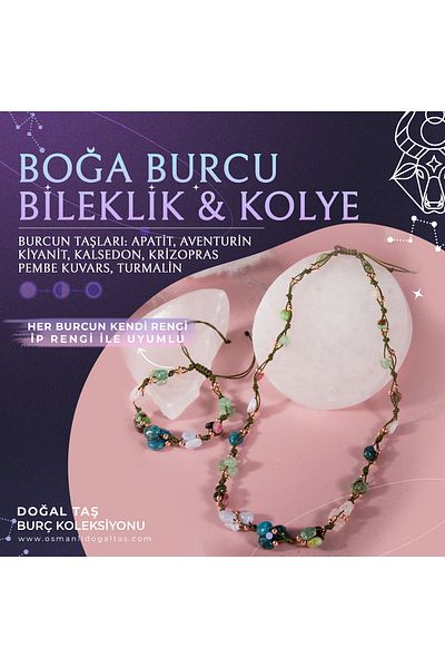 OSMANLI DOĞAL TAŞ مجموعة سوار قلادة من الحجر الطبيعي من برج الثور