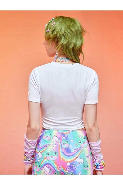 Jose Clothing Λευκό εμπριμέ γυναικείο Crop Top - Κοντό μανίκι που εφαρμόζει στο σώμα