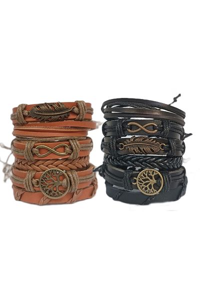 BSN Store 2 Sets Black/Tan Antique Bronze Tree of Life Eternity Leaf Figured 12 Pieces Genuine Leather Bracelet