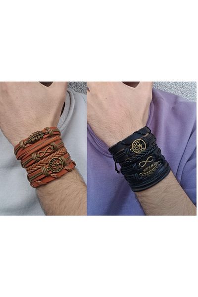 BSN Store 2 Sets Black/Tan Antique Bronze Tree of Life Eternity Leaf Figured 12 Pieces Genuine Leather Bracelet