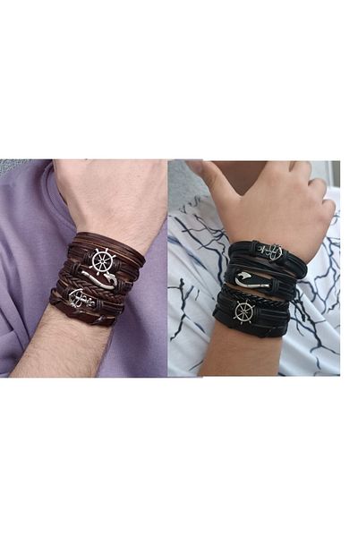 BSN Store 2 SET 12 PIECES BLACK/BROWN SAILOR COMBIN GENUINE LEATHER BRACELET
