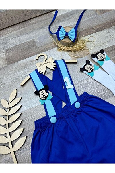 Feriatolye Saks mavisi Mickey mouse konsepti erkek bebek şort salopet