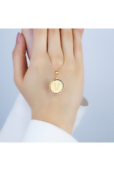 925KOLYE Renkli Harf Serisi V Harfi 925 Ayar Gümüş Kolye