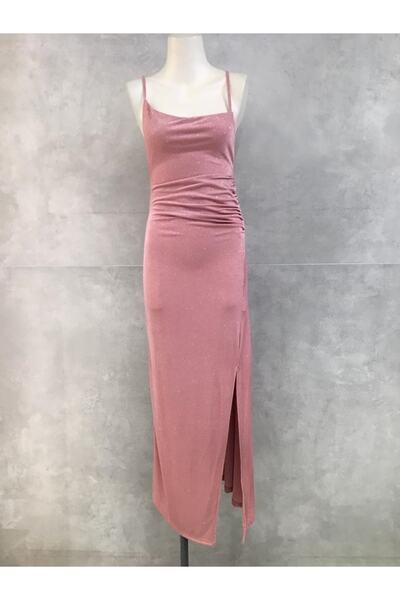 BUSEM Kadın Ip Askılı Sırtı Açık Ön Degaje Likralı Parlak Yırtmaç Detay Uzun Abiye Şık Gece Davet Elbisesi