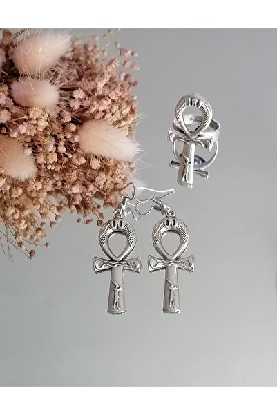 TAKIDAN Ank Antik Gümüş Renk Pirinç Küpe Ve Yüzük Kombin