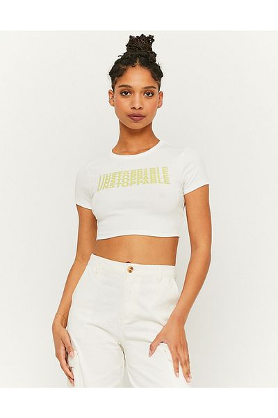 Jose Clothing Λευκό εμπριμέ γυναικείο Crop Top - Κοντό μανίκι που εφαρμόζει στο σώμα