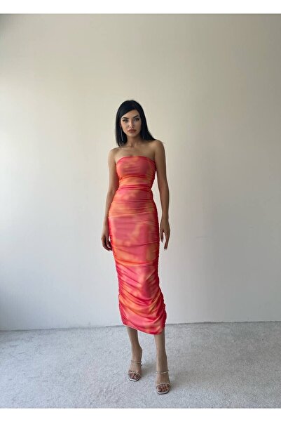 Julishop Γυναικείο καλοκαιρινό φόρεμα από τούλι σε μήκος μίντι, με πορτοκαλί ...