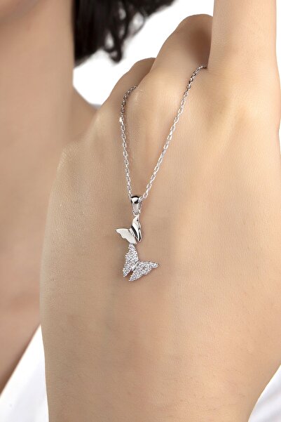 Gümüş Vadisi Kadın Orjinal 925 Ayar Gümüş Zirkon Taşlı Kelebek Model Kolye