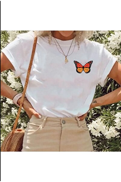 Pelna T-shirt Oversize kroj beli leptir Štampano okrugla kragna