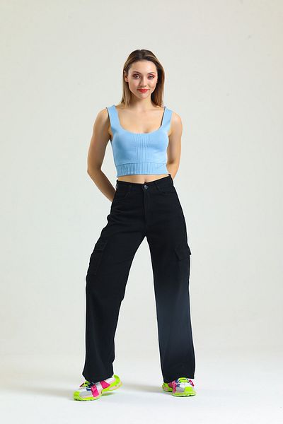 SHEVEGA Black Cargo Pocket Lycra High Waist Loose Wide Leg Jeans Wide Leg Jeans