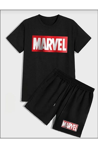 ELSİ Combed Cotton Summer Shorts And Combed Cotton T-shirt Marvel Sports Set T-shirt Shorts