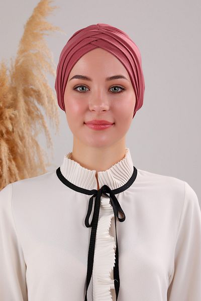 Melodi Scarf Γυναικείο Τριπλό Σταυρό Έτοιμο Εξωτερικό Καπό τουρμπάνι Dusty Rose