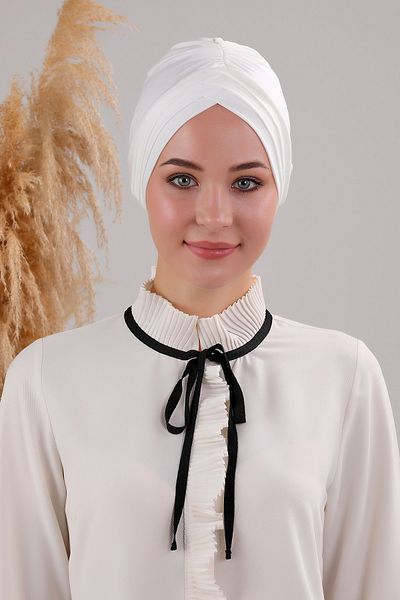 Melodi Scarf Γυναικείο Εξωτερικό Καπό Τριών Ριγών Cross Ready Turban Ecru