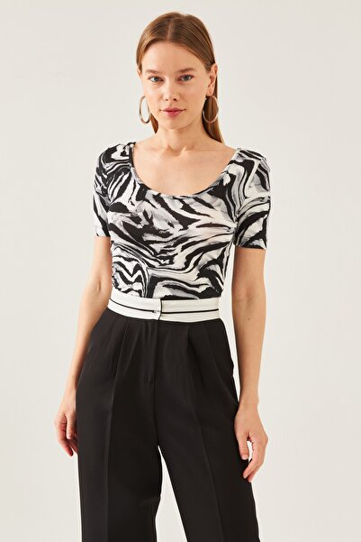 schlank Γυναικεία μπλούζα με γκρι μαύρο σχέδιο με κοντό μανίκι βισκόζης