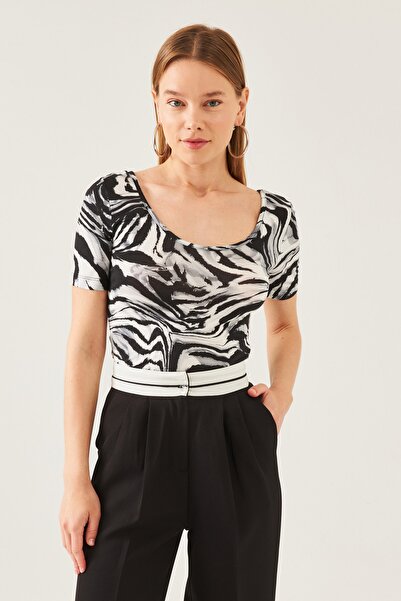 schlank Γυναικεία μπλούζα με γκρι μαύρο σχέδιο με κοντό μανίκι βισκόζης