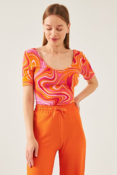 schlank Kadın Turuncu Krema Desen U Yaka Kısa Kol Viskon Bluz