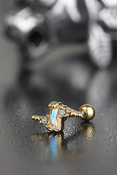 Valhalla Yeni Sezon 316L Çelik 0.8 MM Bar Tragus Helix Flat Zirkon Taş Şimşek...