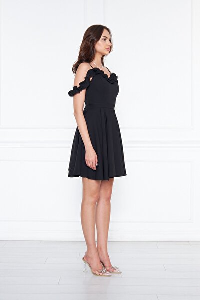 Bidoluelbise Kadın Ayarlanabilir Askılı Yaka Fırfır Detay Dokuma Kumaş Pileli Mini Kloş Abiye Elbise