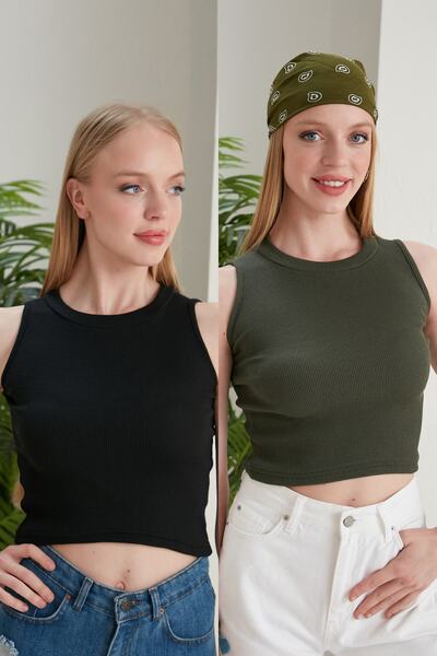 CATSPY Дамска черна блуза с деколте тип халтер в цвят каки от 2 части