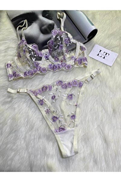 Le Tonnerre Women's Lilac Floral Embroidered Underwire Bra Set