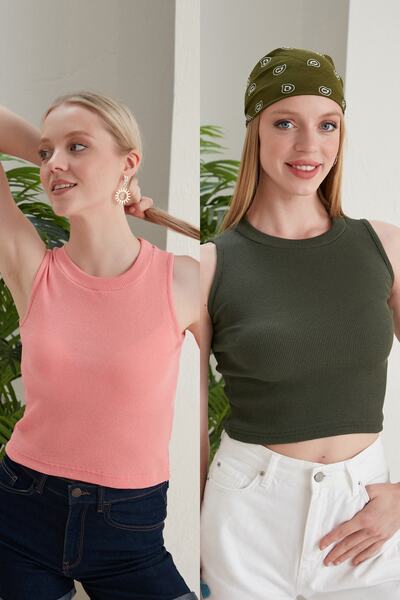 CATSPY Women's Powder Khaki Halter Neck Ribbed 2-Pack Crop Blouse