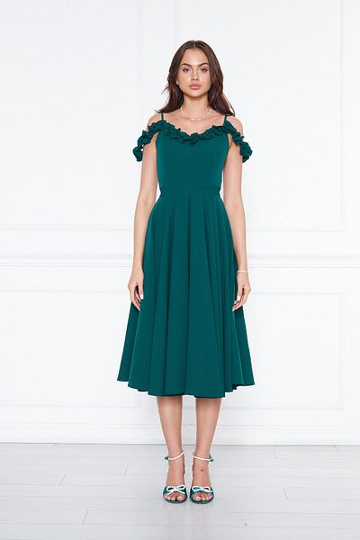 Bidoluelbise Women's Adjustable Strap Collar Ruffle Detail Woven Fabric Pleated Flared Midi Length Evening Dress