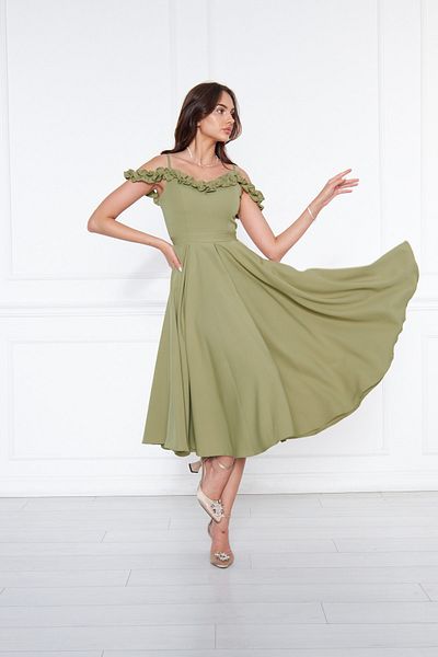 Bidoluelbise Women's Adjustable Strap Collar Ruffle Detail Woven Fabric Pleated Flared Midi Length Evening Dress