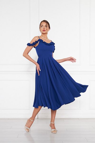 Bidoluelbise Women's Adjustable Strap Collar Ruffle Detail Woven Fabric Pleated Flared Midi Length Evening Dress