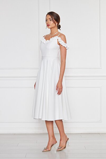 Bidoluelbise Kadın Ayarlanabilir Askılı Yaka Fırfır Detay Dokuma Kumaş Pileli Kloş Midi Boy Abiye Elbise