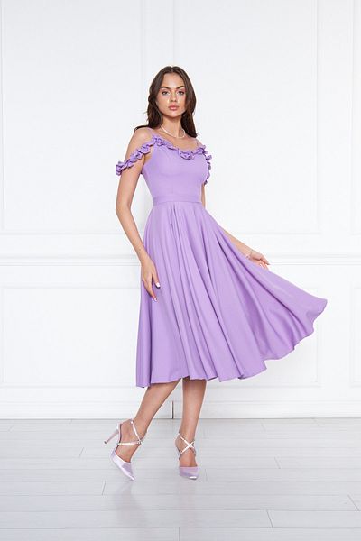 Bidoluelbise Women's Adjustable Strap Collar Ruffle Detail Woven Fabric Pleated Flared Midi Length Evening Dress