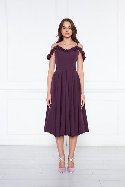 Bidoluelbise Women's Adjustable Strap Collar Ruffle Detail Woven Fabric Pleated Flared Midi Length Evening Dress