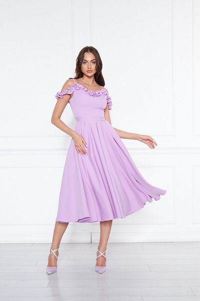 Bidoluelbise Women's Adjustable Strap Collar Ruffle Detail Woven Fabric Pleated Flared Midi Length Evening Dress