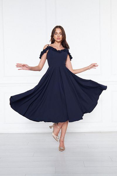 Bidoluelbise Women's Adjustable Strap Collar Ruffle Detail Woven Fabric Pleated Flared Midi Length Evening Dress