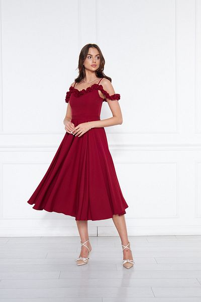 Bidoluelbise Women's Adjustable Strap Collar Ruffle Detail Woven Fabric Pleated Flared Midi Length Evening Dress