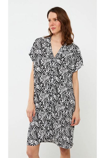 LC Waikiki Gemustertes Kurzarm-Strandkleid mit Hemdkragen für Damen