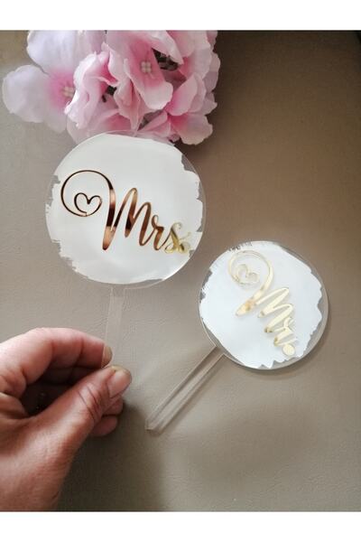 SG TASARIM Mrs. Mr. Caketoppers Şeffaf Pleksi Pasta Süsü