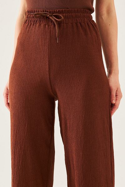 schlank Women's Brown High Waist Wide Leg Seersucker Pants