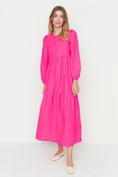 Trendyol Modest Red Gather részletes pamut, széles szabású szőtt ruha TCTSS21EL3470