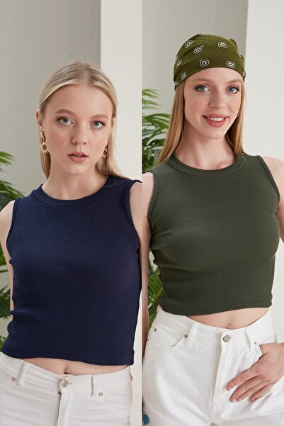 CATSPY Γυναικεία μπλούζα 2 τεμαχίων με λαιμόκοψη Navy Blue Khaki