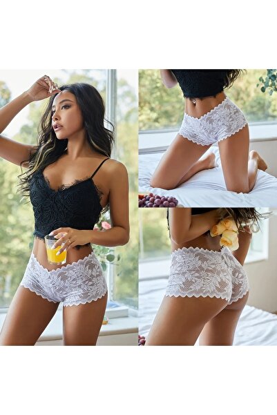 Genel Markalar Kadın Siyah Beyaz Kırmızı 3'lü Paket Dantel Tanga Şort Külot