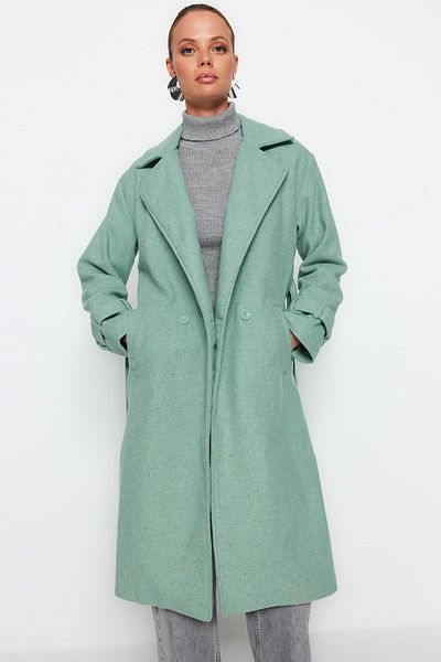 Trendyol Collection Mintfarbener, übergroßer, weit geschnittener, langer Wollmantel mit Gürtel TWOAW22KB0015