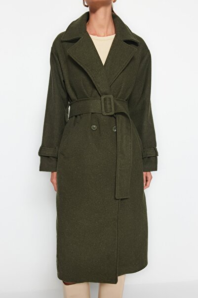 Trendyol Collection Khaki Oversize Wide Cut Belted Long Wool Stamp Coat TWOAW22KB0015
