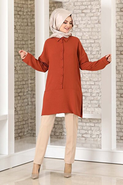 Fashion Showcase Düğme Detay Salaş Tunik Kiremit - Fashion Showcase Design - ...