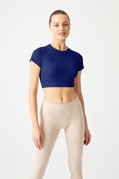 Los Ojos Navy Blue Seamless Soft Textured Sports T-Shirt Crop Top