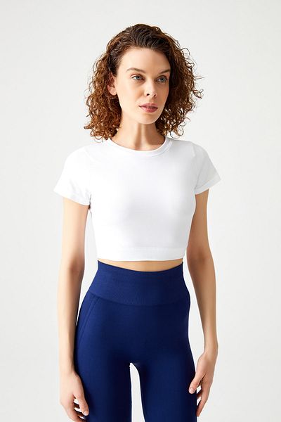 LOS OJOS Weißes, nahtloses, weich strukturiertes Sport-T-Shirt-Crop-Top